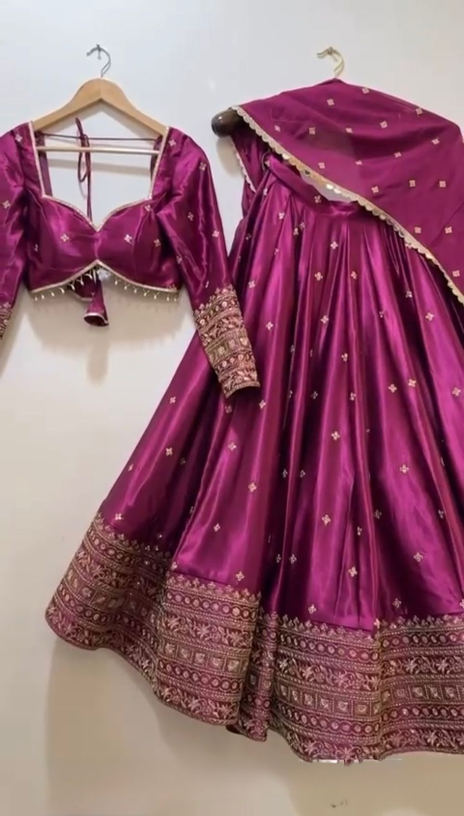 Magenta Satin Embroidered Lehenga Set Online