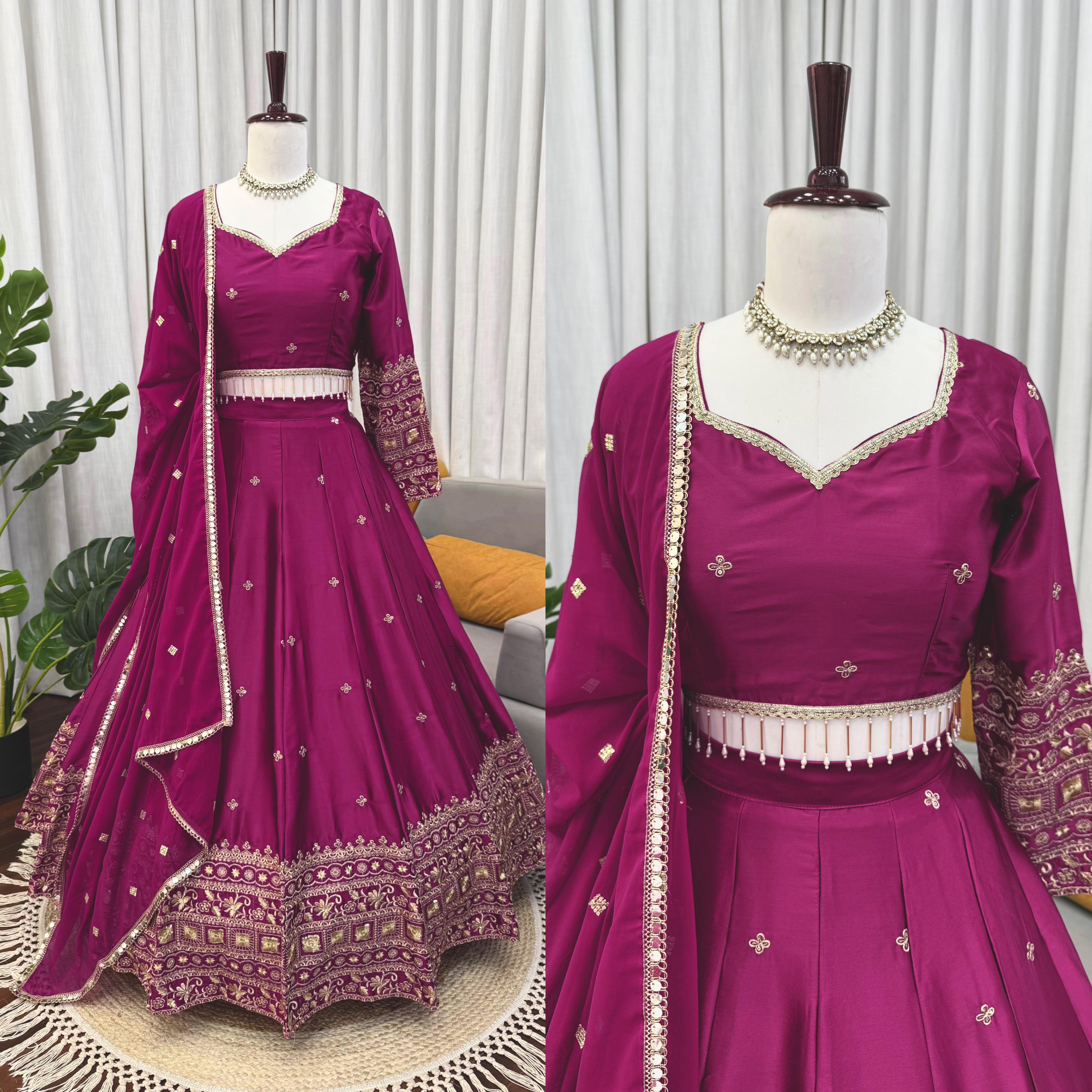 Magenta Satin Embroidered Lehenga Set Online
