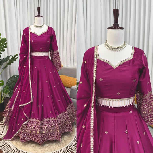 Magenta Satin Embroidered Lehenga Set Online