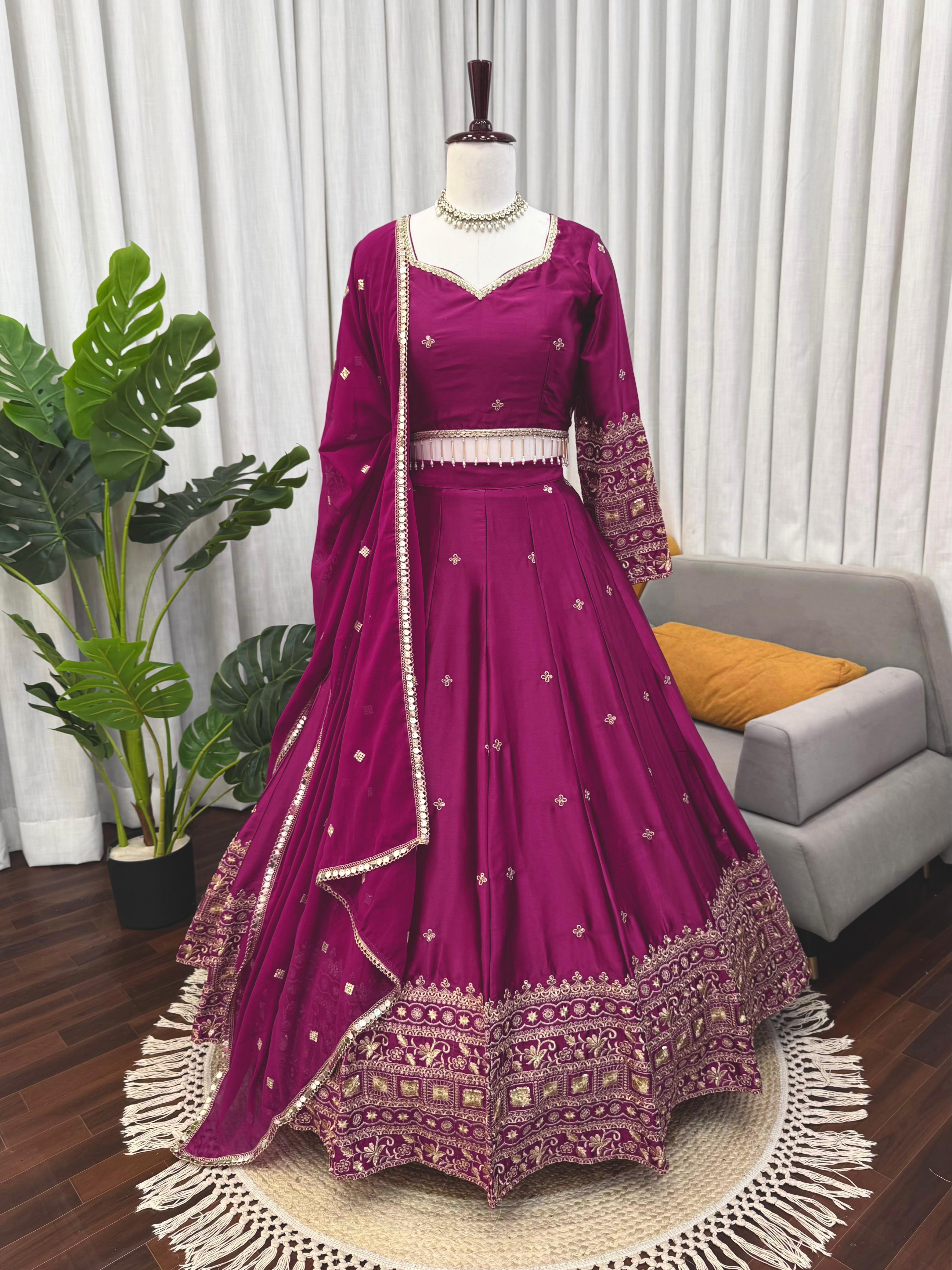 Magenta Satin Embroidered Lehenga Set Online