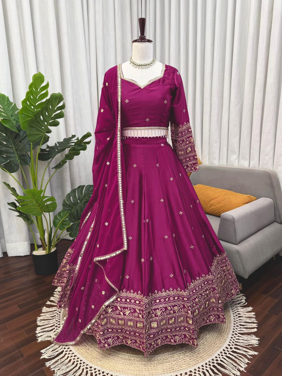 Magenta Satin Embroidered Lehenga Set Online