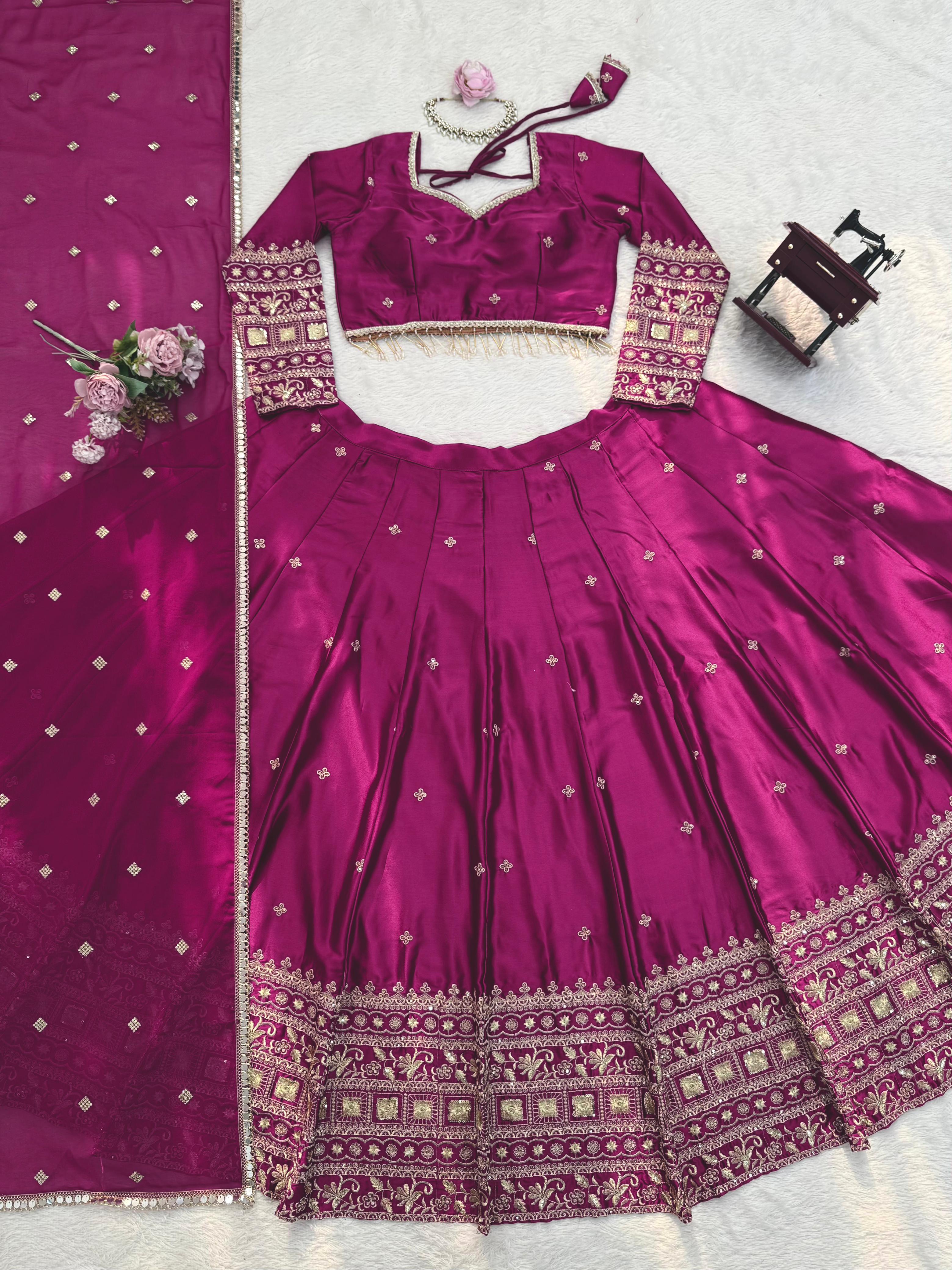 Magenta Satin Embroidered Lehenga Set Online