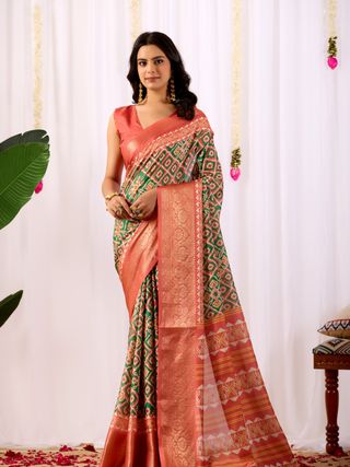 Coral Green Patola Print Lichi Silk Saree Online
