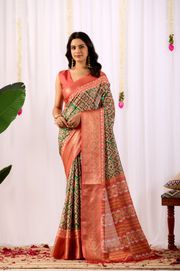 Coral Green Patola Print Lichi Silk Saree Online - Green