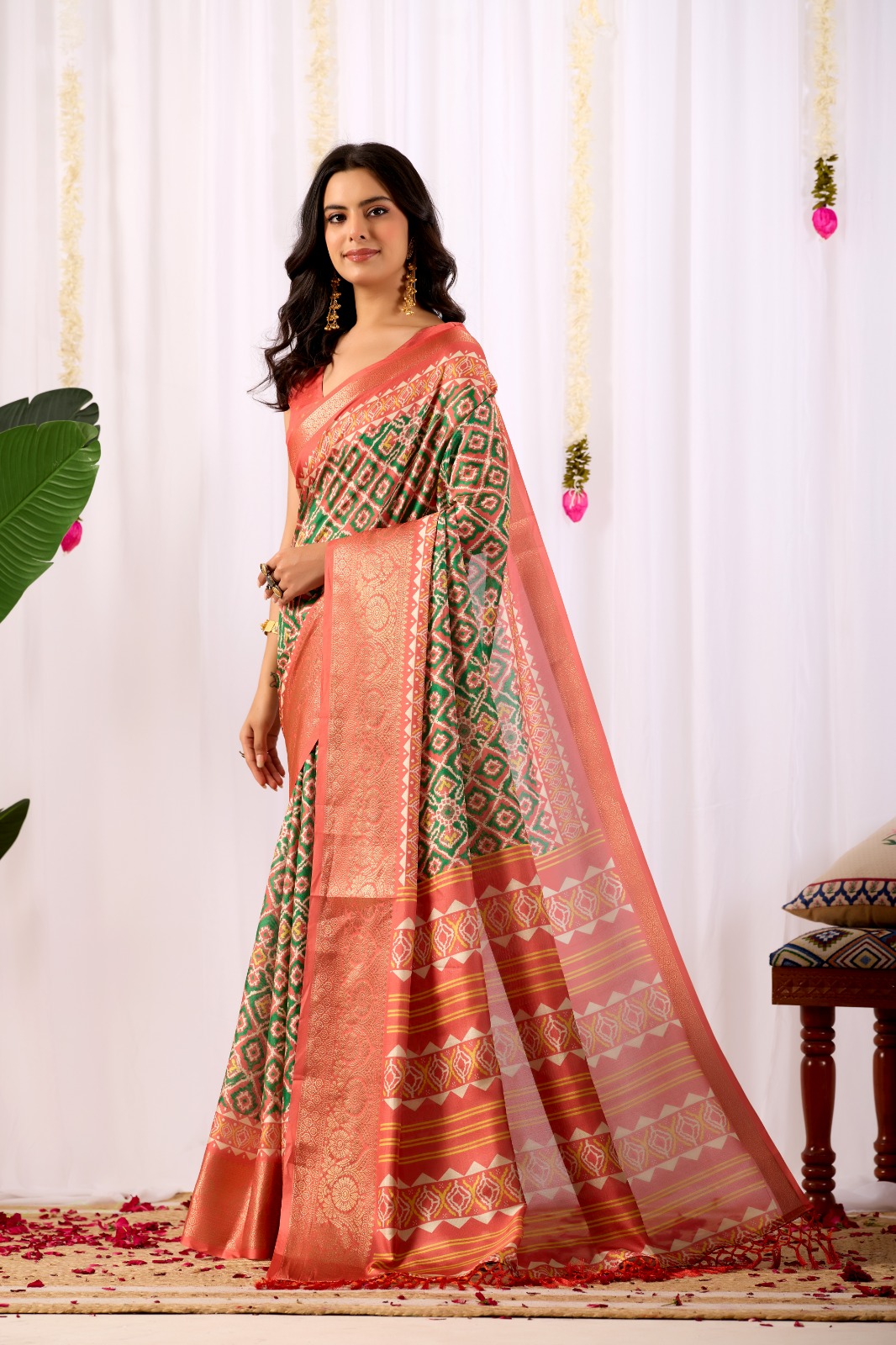 Coral Green Patola Print Lichi Silk Saree Online