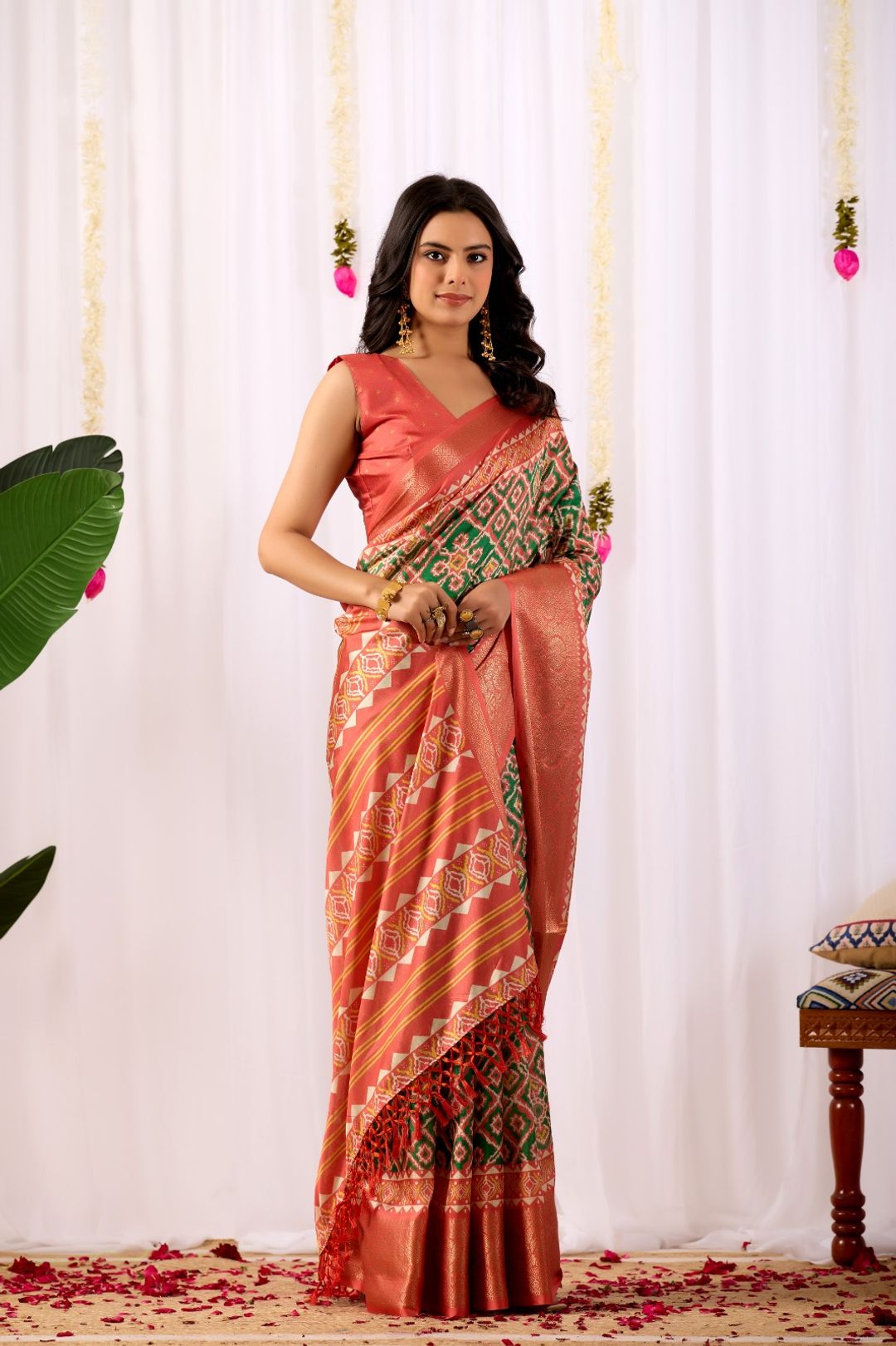 Coral Green Patola Print Lichi Silk Saree Online
