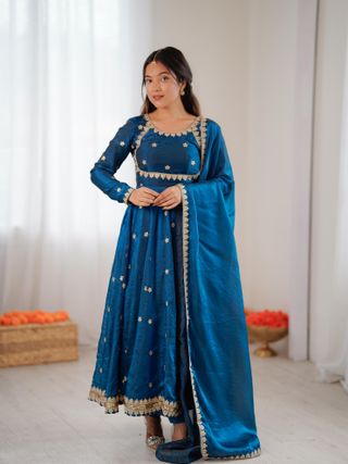 Teal Blue Silk Embroidered Gown Set with Dupatta