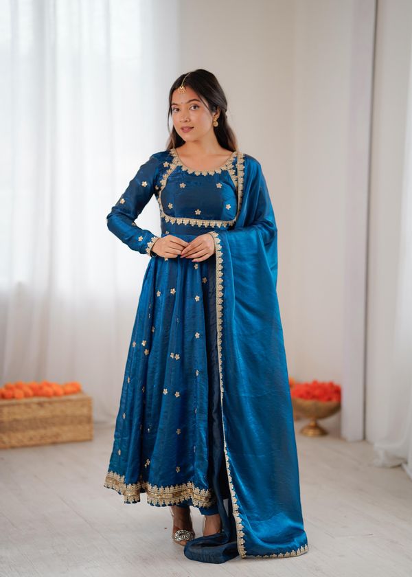 Teal Blue Silk Embroidered Gown Set with Dupatta