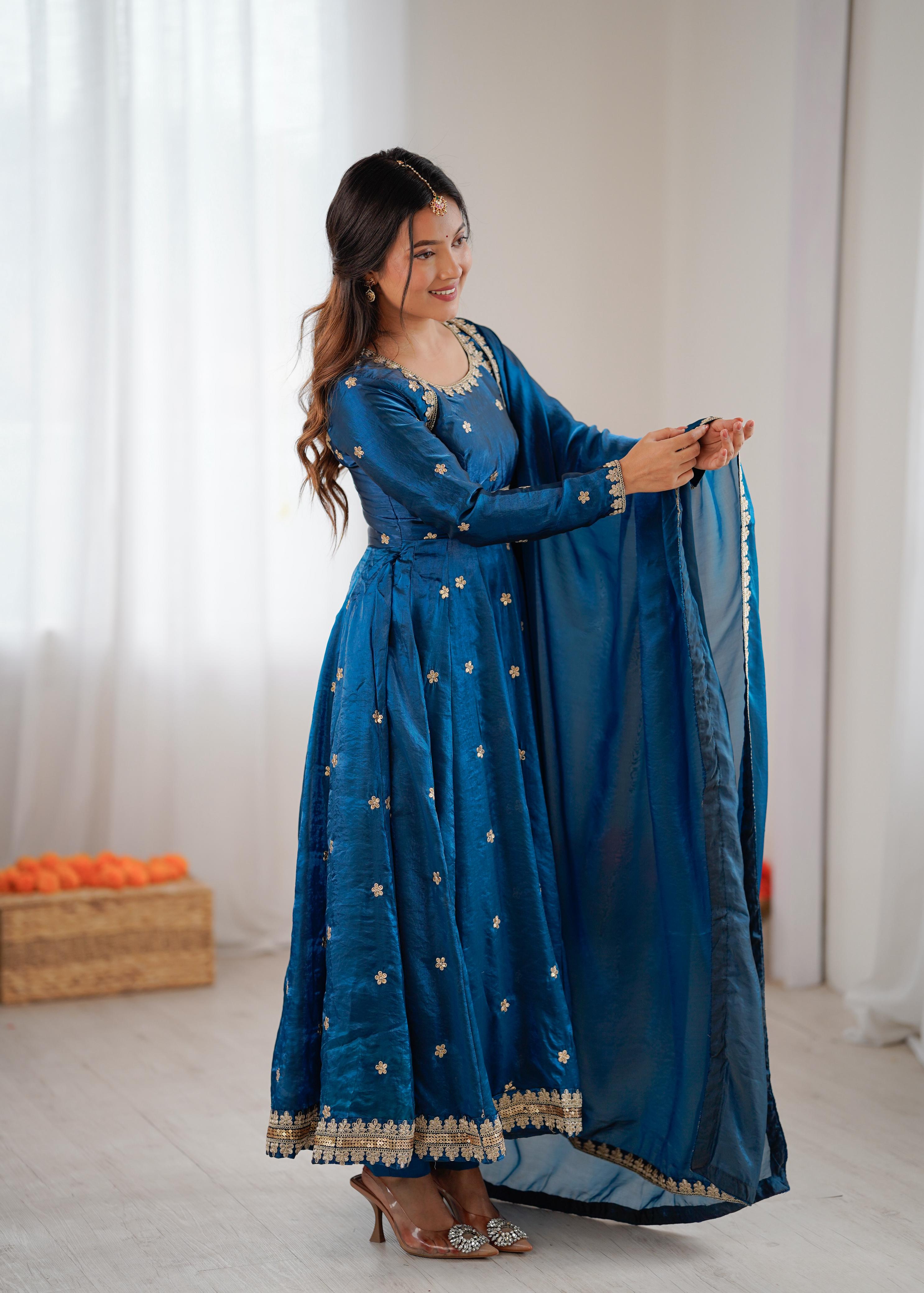 Teal Blue Silk Embroidered Gown Set with Dupatta