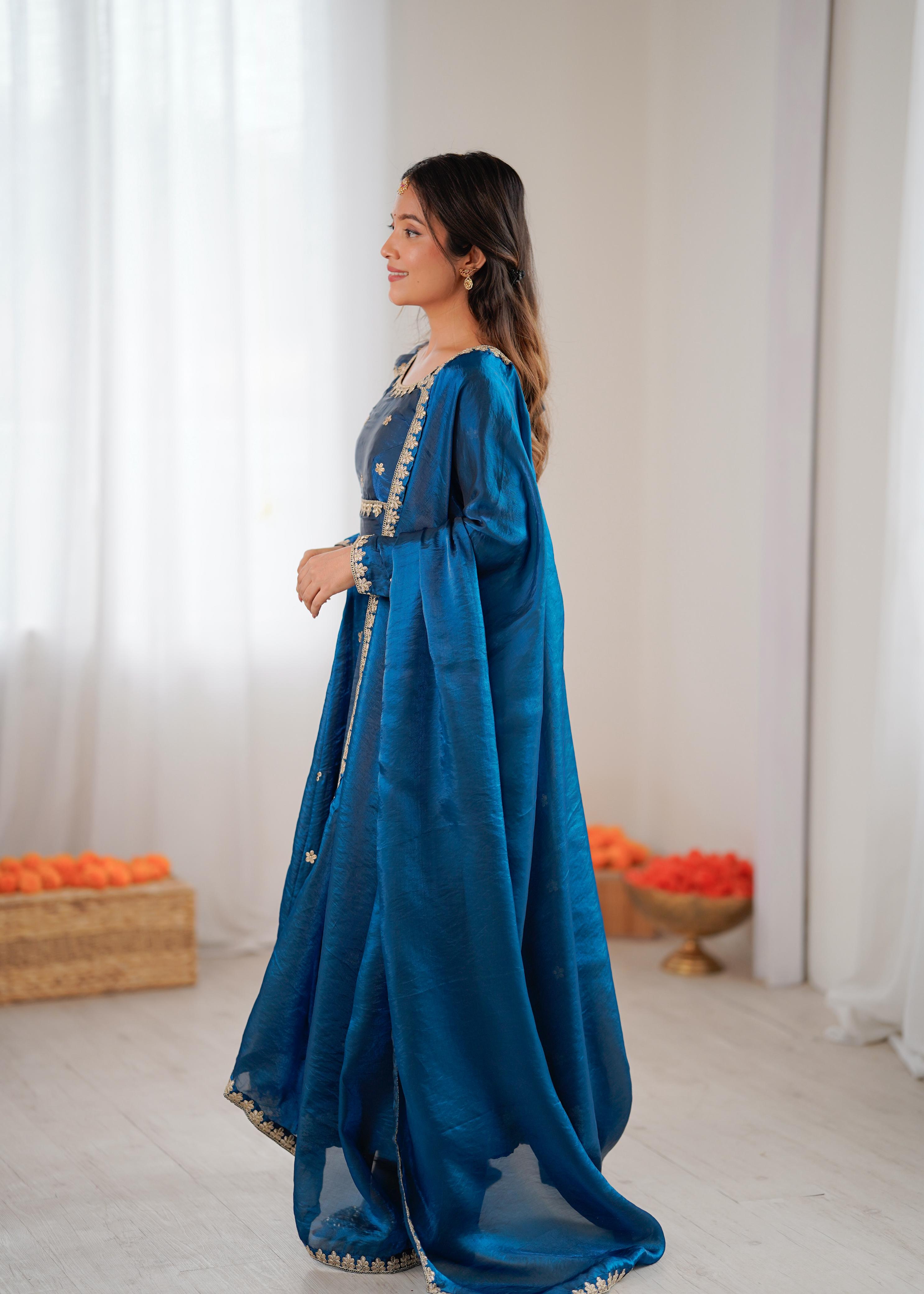 Teal Blue Silk Embroidered Gown Set with Dupatta