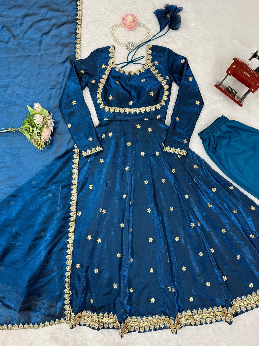 Teal Blue Silk Embroidered Gown Set with Dupatta