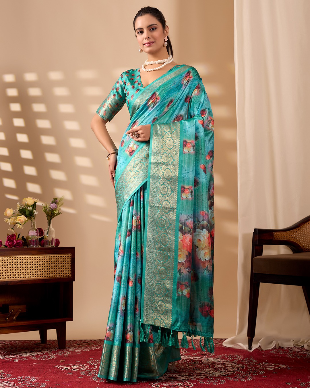 Teal Bloom Lichi Silk Saree with Zari Elegance