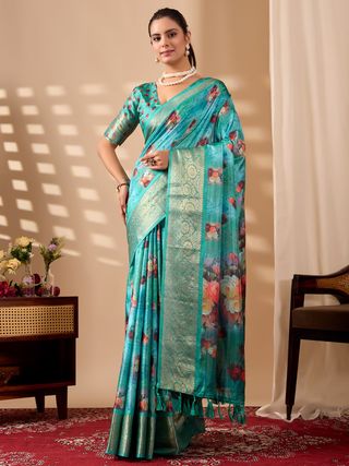 Teal Bloom Lichi Silk Saree with Zari Elegance