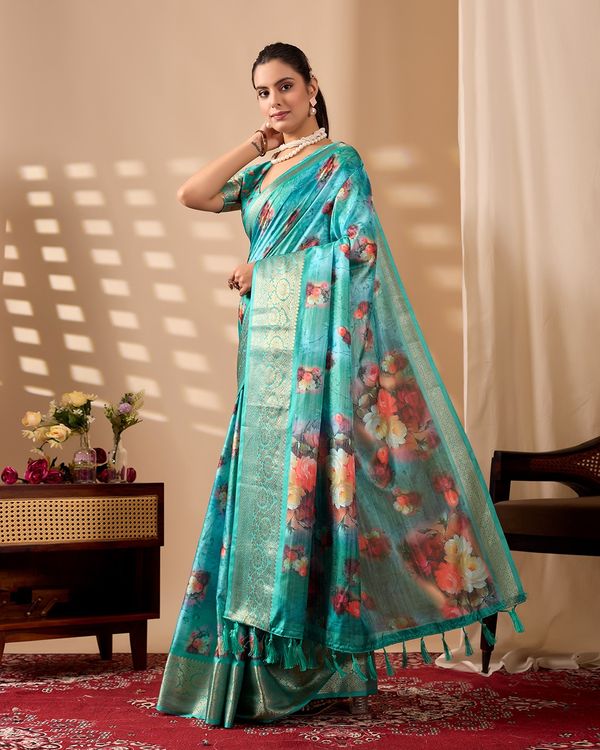 Teal Bloom Lichi Silk Saree with Zari Elegance