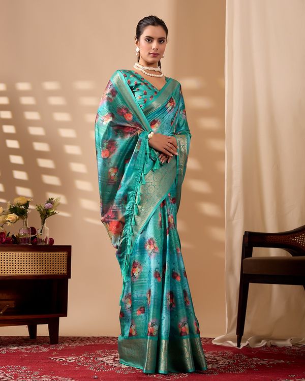 Teal Bloom Lichi Silk Saree with Zari Elegance