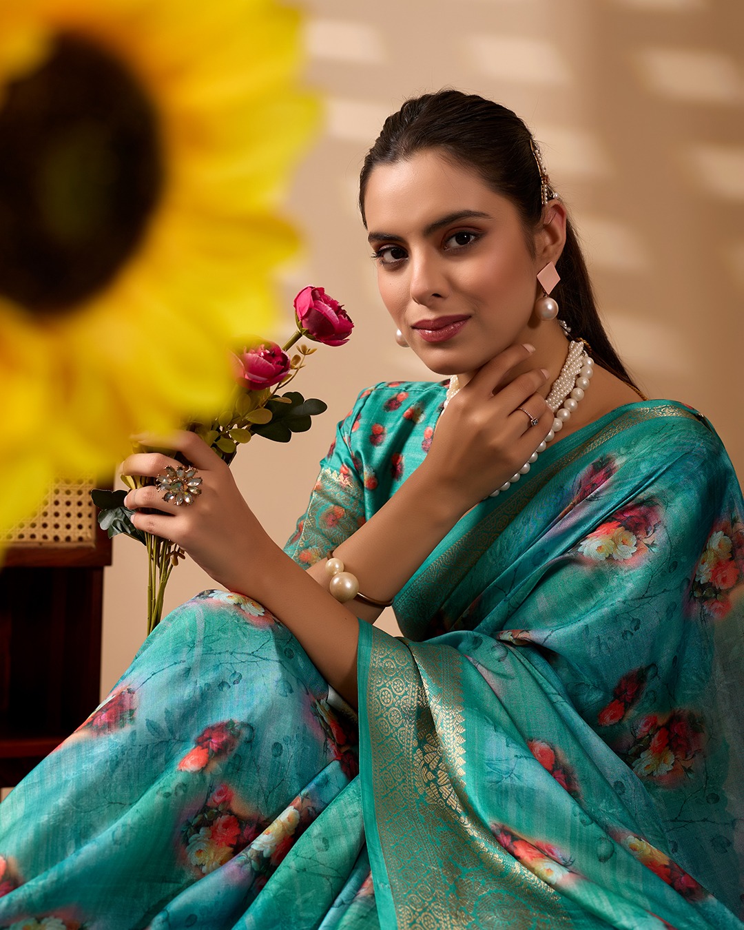 Teal Bloom Lichi Silk Saree with Zari Elegance