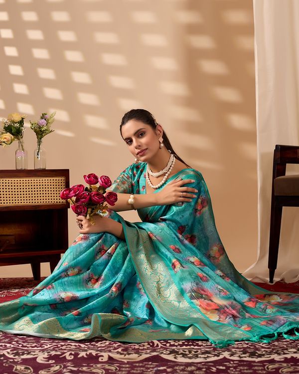Teal Bloom Lichi Silk Saree with Zari Elegance