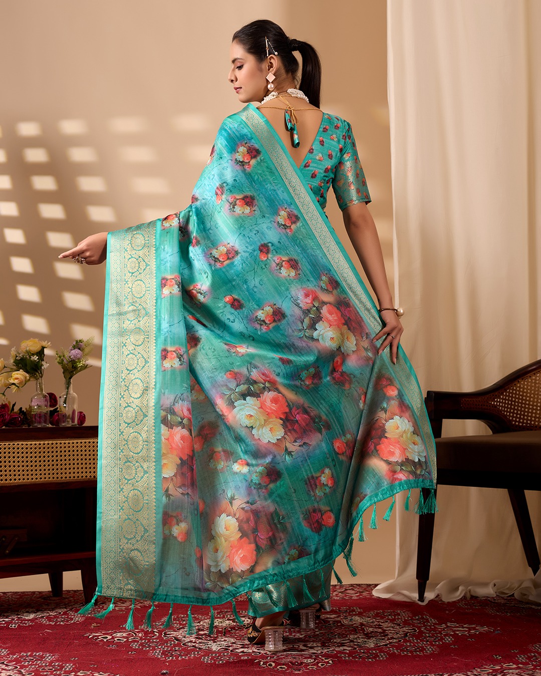 Teal Bloom Lichi Silk Saree with Zari Elegance