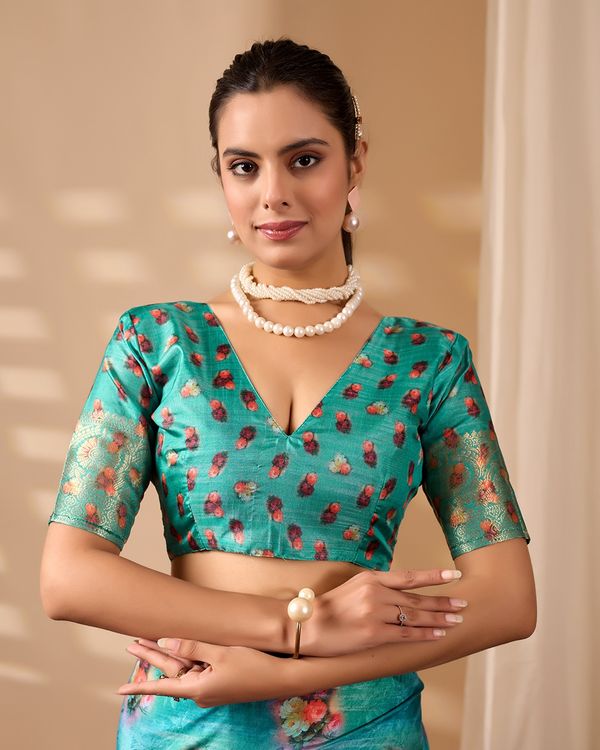 Teal Bloom Lichi Silk Saree with Zari Elegance