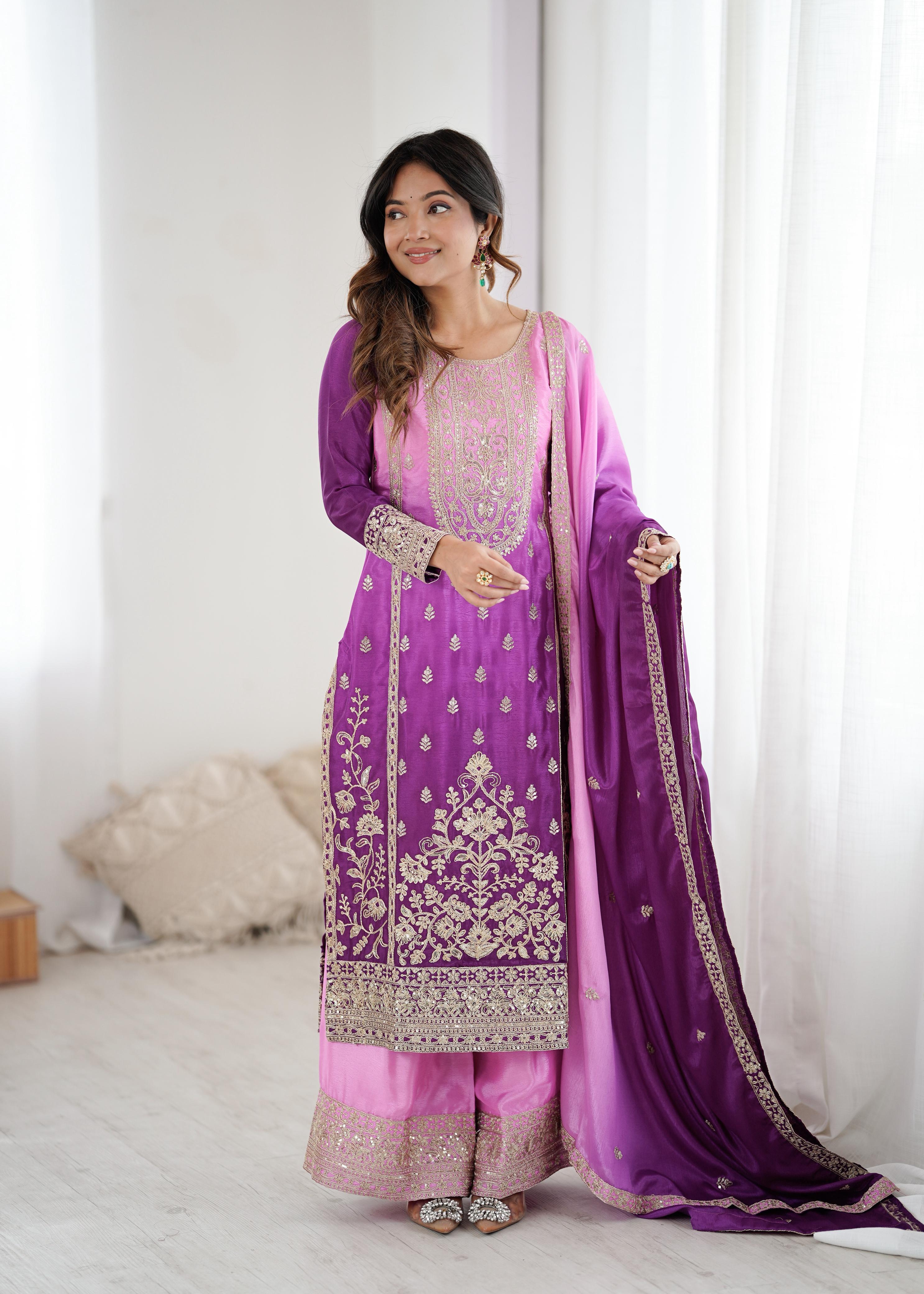 Purple Pink Chinon Silk Embroidered Suit Set