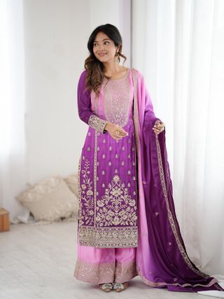 Purple Pink Chinon Silk Embroidered Suit Set