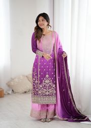 Purple Pink Chinon Silk Embroidered Suit Set - Purple