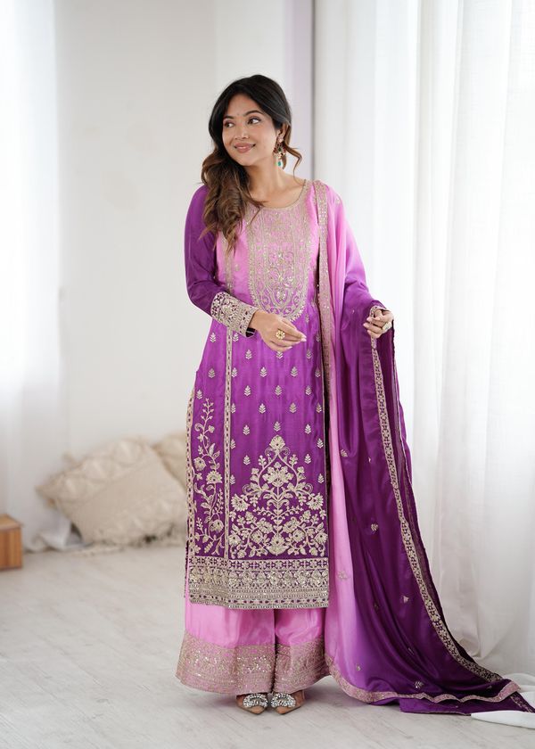 Purple Pink Chinon Silk Embroidered Suit Set