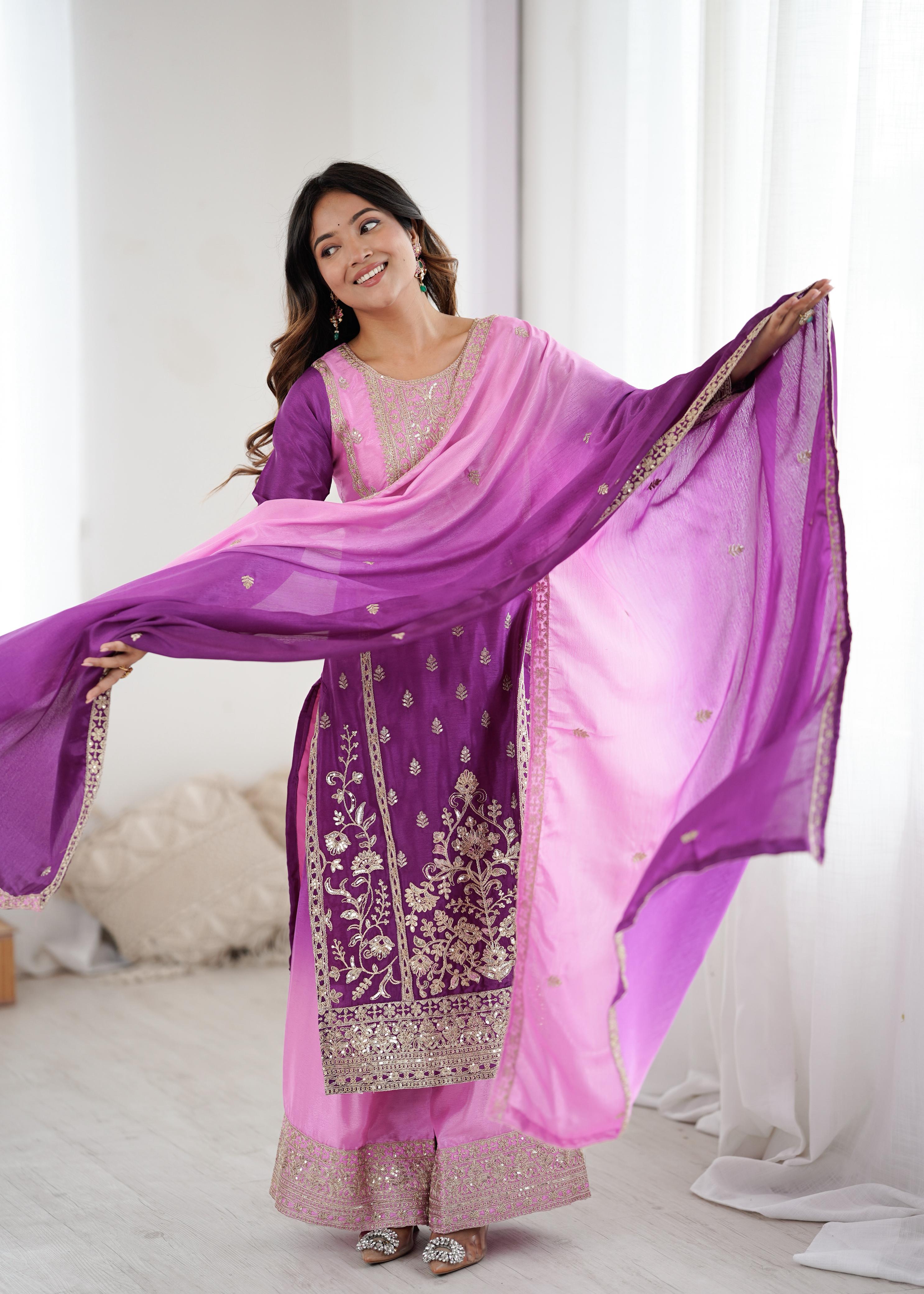 Purple Pink Chinon Silk Embroidered Suit Set