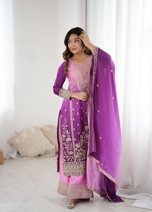 Purple Pink Chinon Silk Embroidered Suit Set