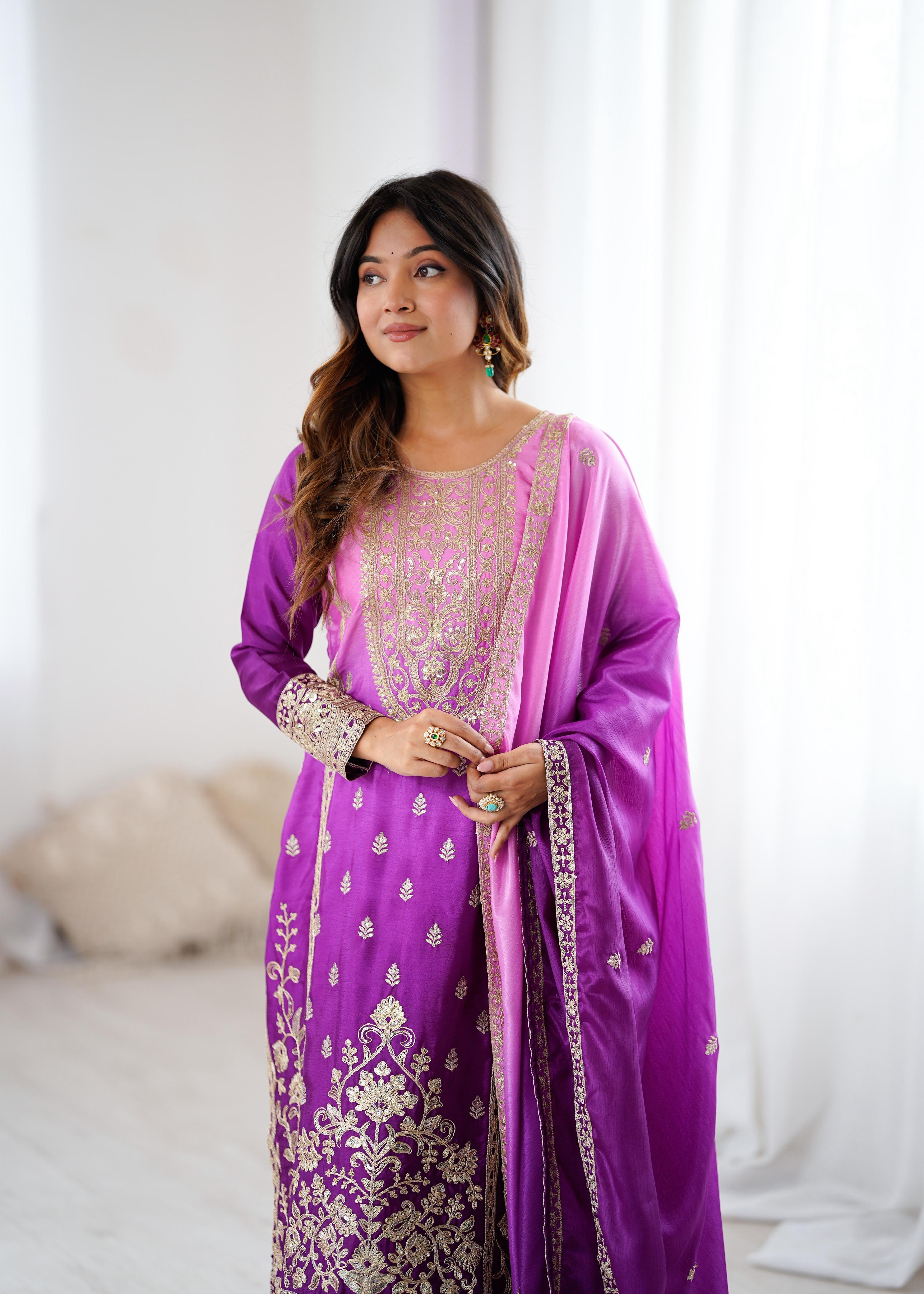 Purple Pink Chinon Silk Embroidered Suit Set