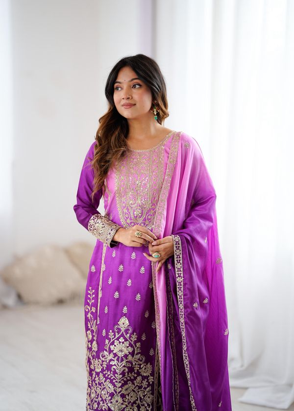 Purple Pink Chinon Silk Embroidered Suit Set