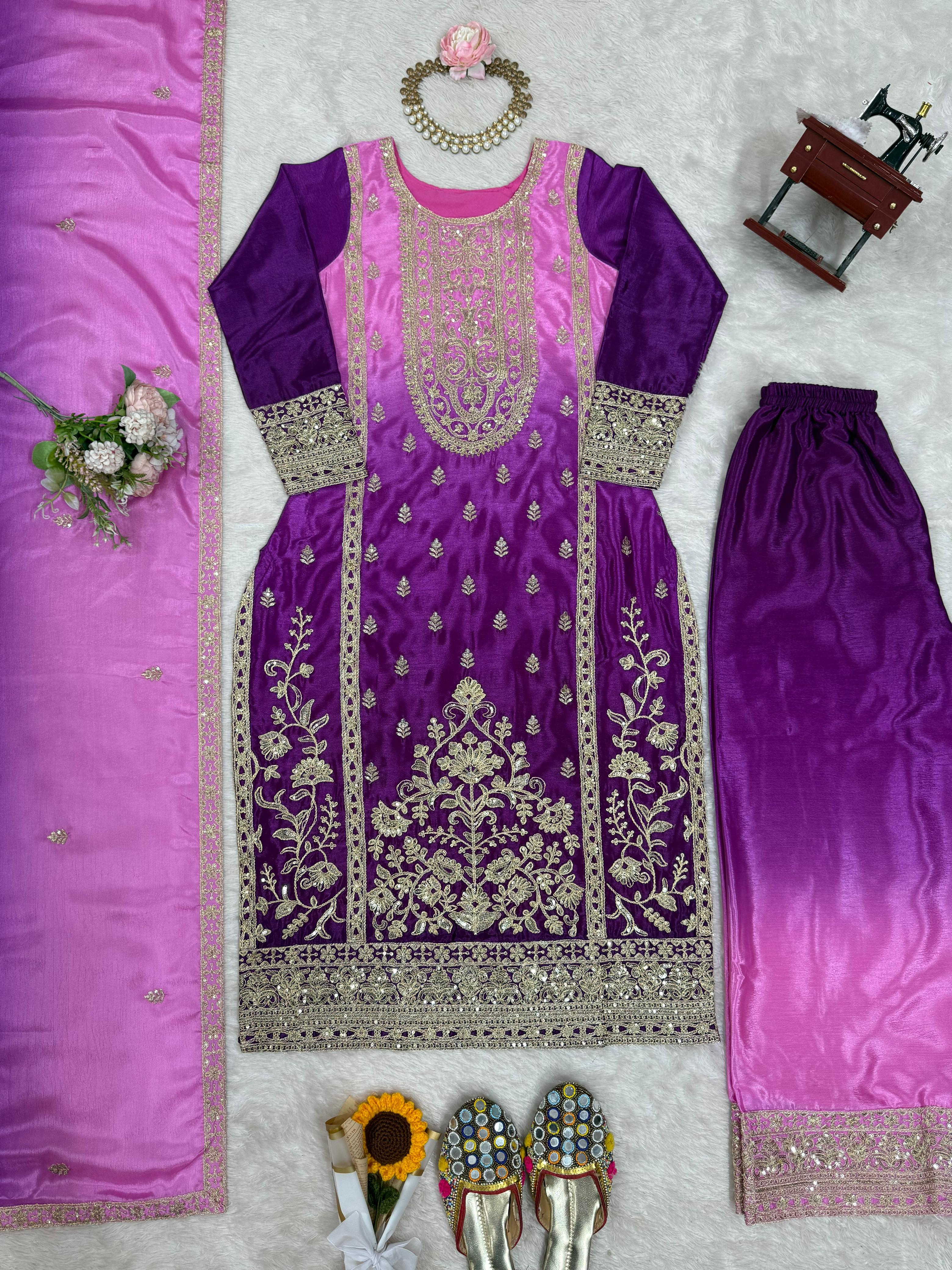 Purple Pink Chinon Silk Embroidered Suit Set
