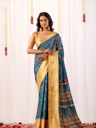 Teal Tribal Art Printed Lichi Silk Saree with Zari Border