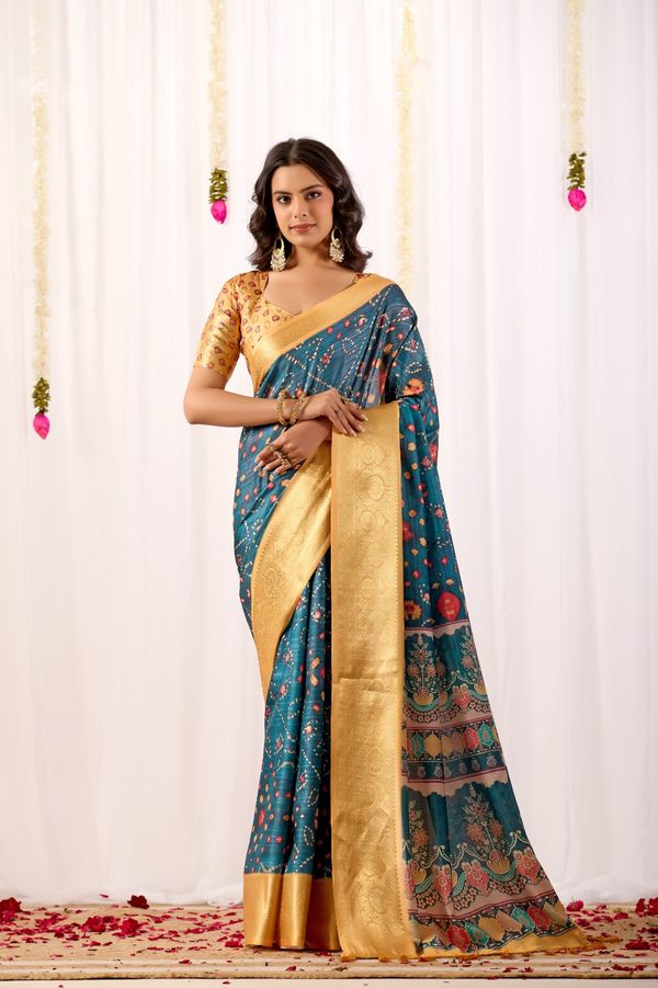 Teal Tribal Art Printed Lichi Silk Saree with Zari Border