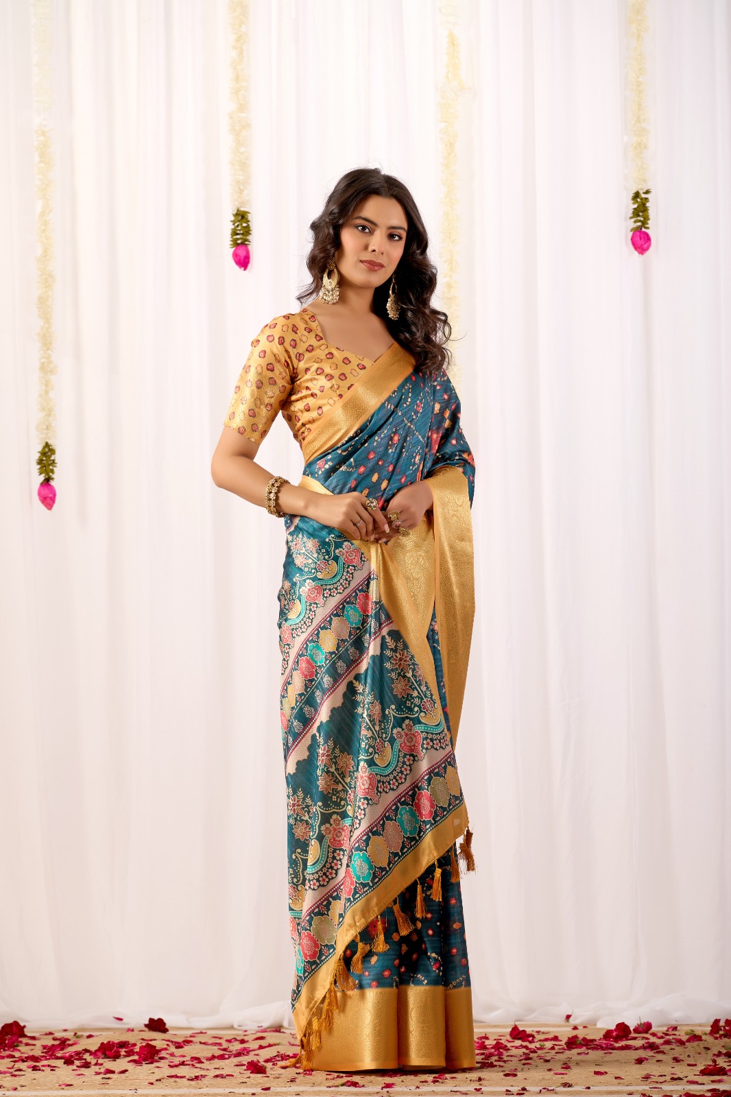 Teal Tribal Art Printed Lichi Silk Saree with Zari Border