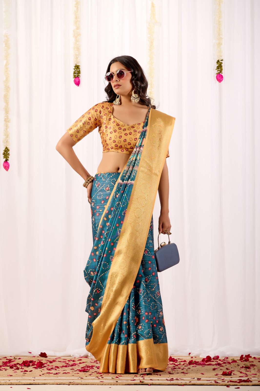 Teal Tribal Art Printed Lichi Silk Saree with Zari Border