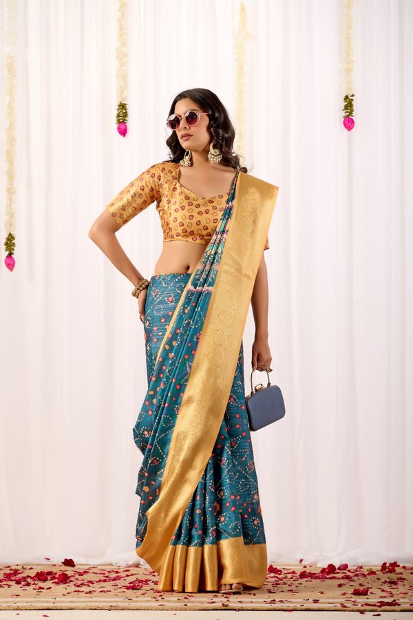 Teal Tribal Art Printed Lichi Silk Saree with Zari Border