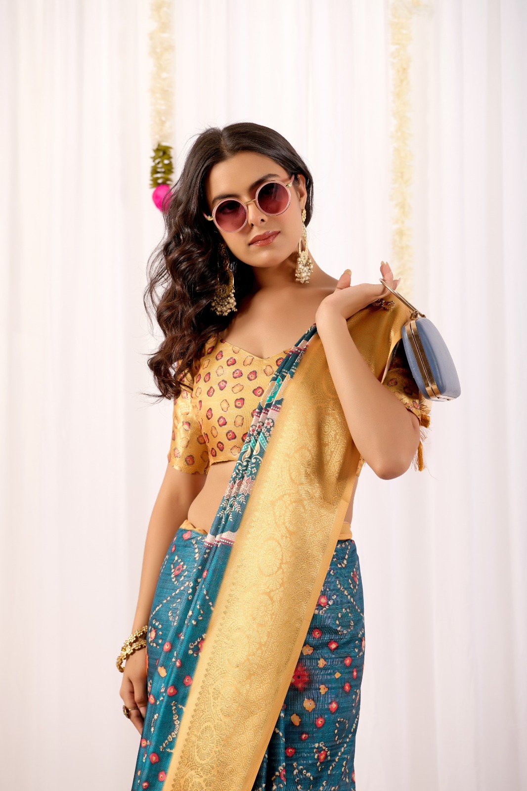 Teal Tribal Art Printed Lichi Silk Saree with Zari Border