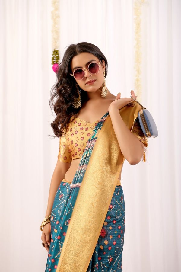 Teal Tribal Art Printed Lichi Silk Saree with Zari Border