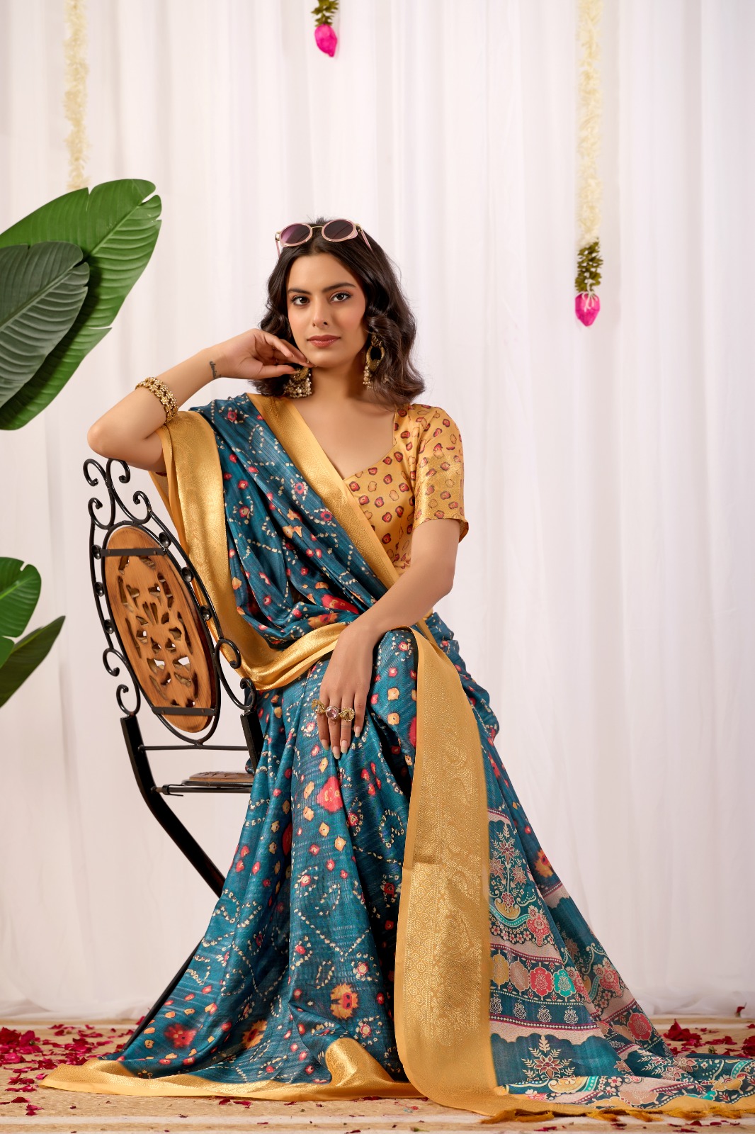 Teal Tribal Art Printed Lichi Silk Saree with Zari Border