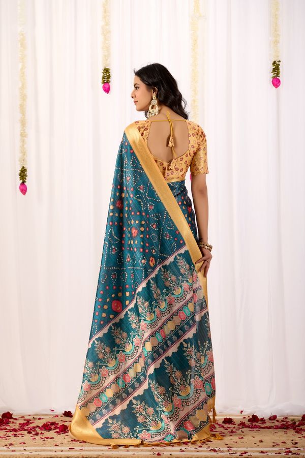 Teal Tribal Art Printed Lichi Silk Saree with Zari Border