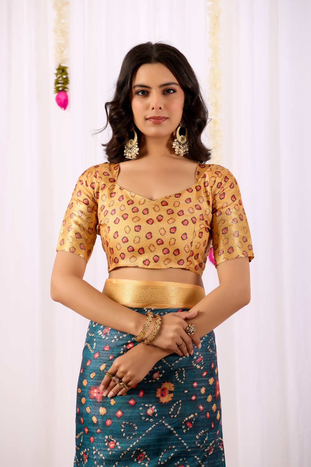 Teal Tribal Art Printed Lichi Silk Saree with Zari Border