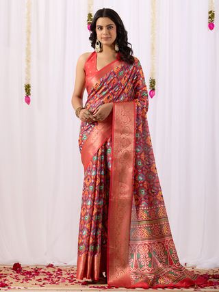 Red Patola Design Lichi Silk Saree Online - Varnavi
