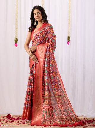 Red Patola Design Lichi Silk Saree Online - Varnavi