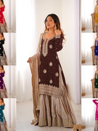 Brown Chinon Silk Sharara Suit Set for Women