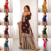 Brown Chinon Silk Sharara Suit Set for Women - Brown
