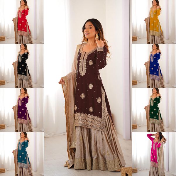 Brown Chinon Silk Sharara Suit Set for Women