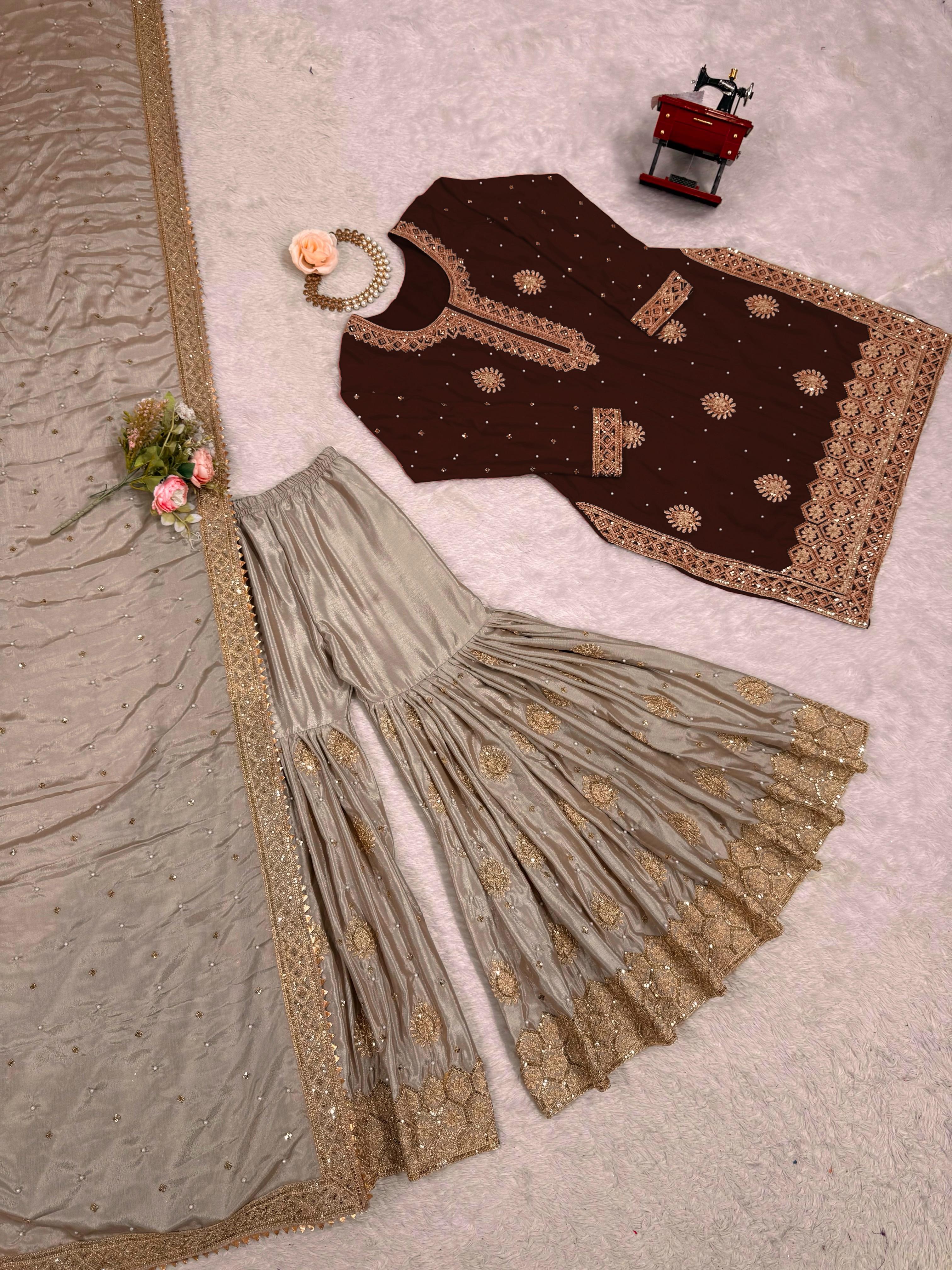 Brown Chinon Silk Sharara Suit Set for Women