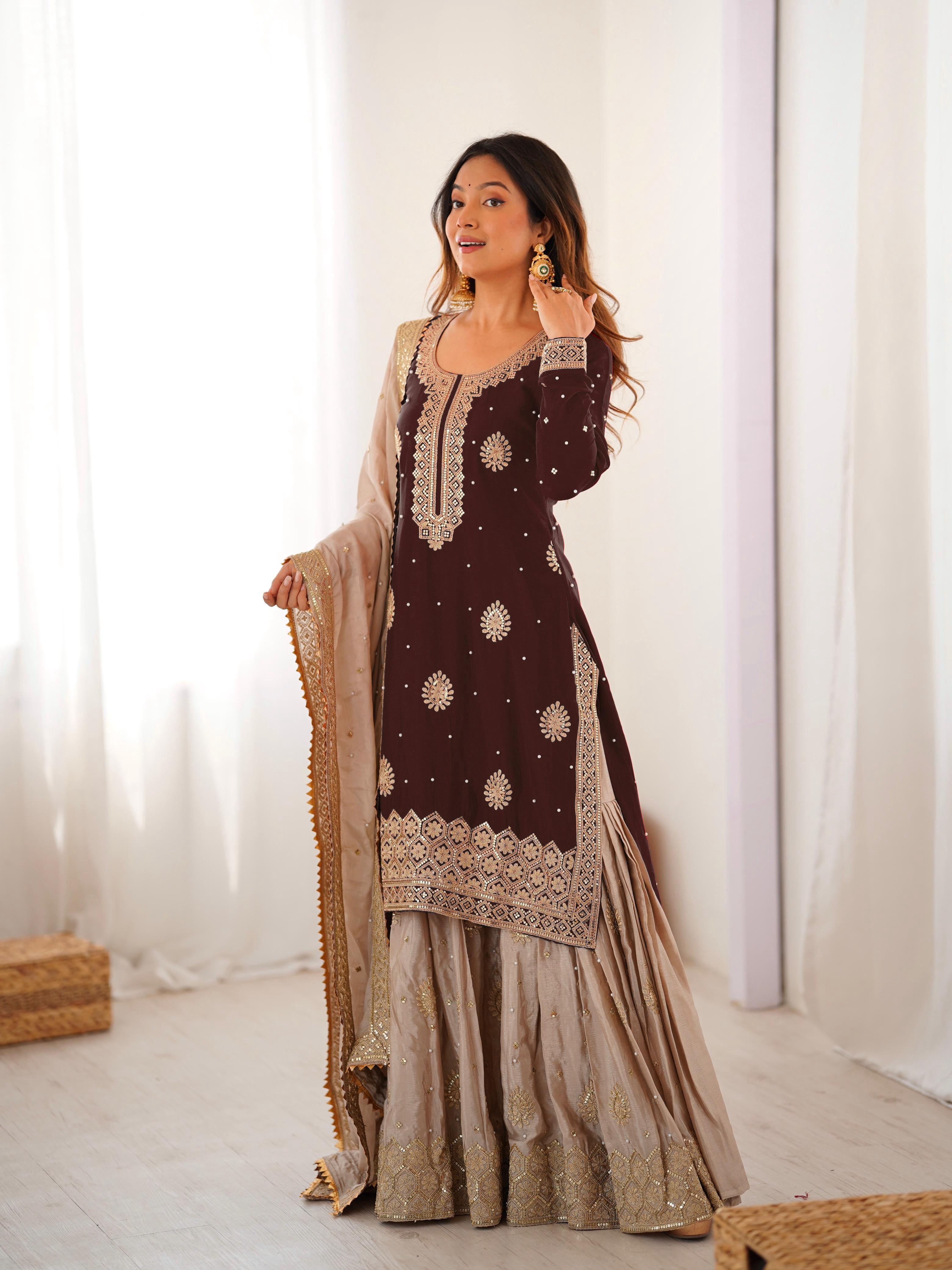 Brown Chinon Silk Sharara Suit Set for Women