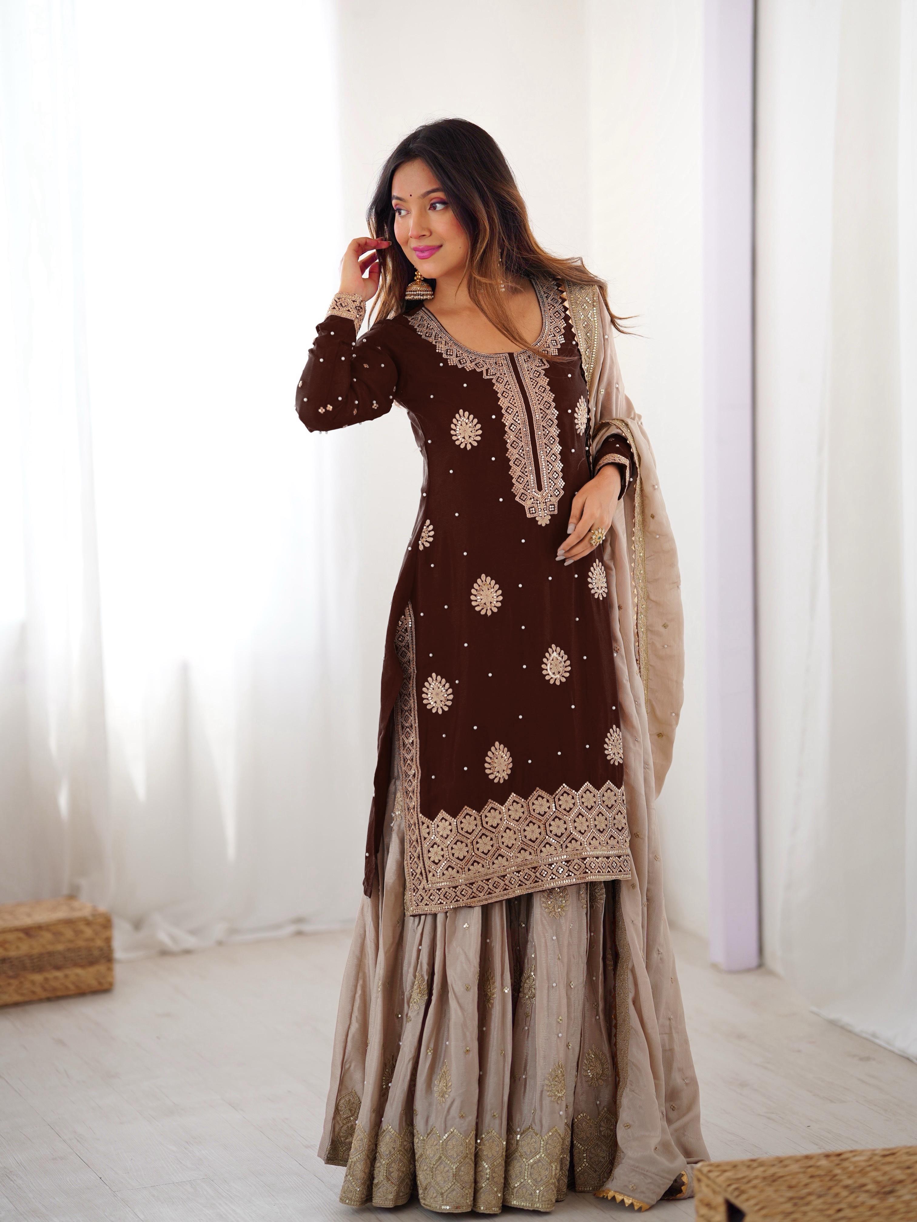 Brown Chinon Silk Sharara Suit Set for Women